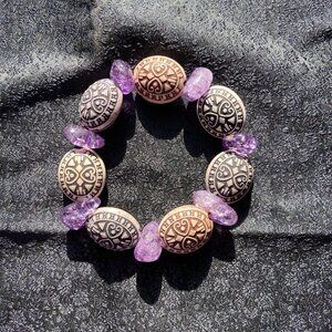 Stretch Carved Bone Beads Blk/Brown Boho Tribal Purple Amethyst Nuggets Bracelet